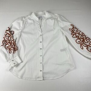Chico's Sz 1 White Solid Rust Embroidery Sleeves White Shirt Classic Chic